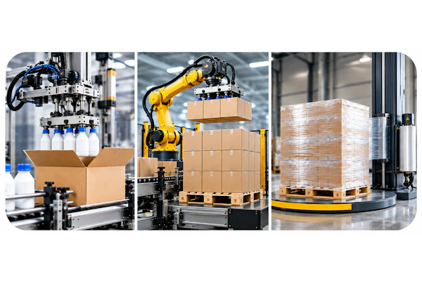 Industrial robotic arms packaging and palletizing cardboard boxes in a modern warehouse automation facility