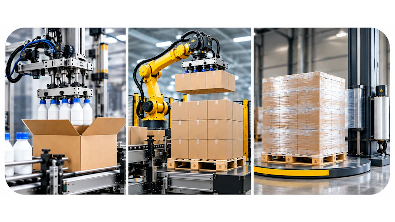 Industrial robotic arms packaging and palletizing cardboard boxes in a modern warehouse automation facility
