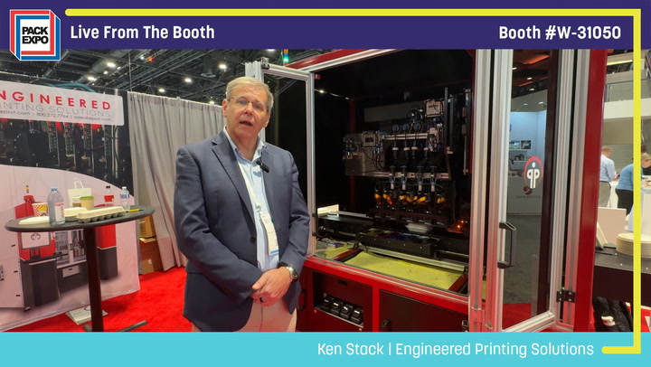 Ken Staack from Engineered Printing Solutions presents live at Pack Expo booth W-31050, standing before industrial printing equipment.