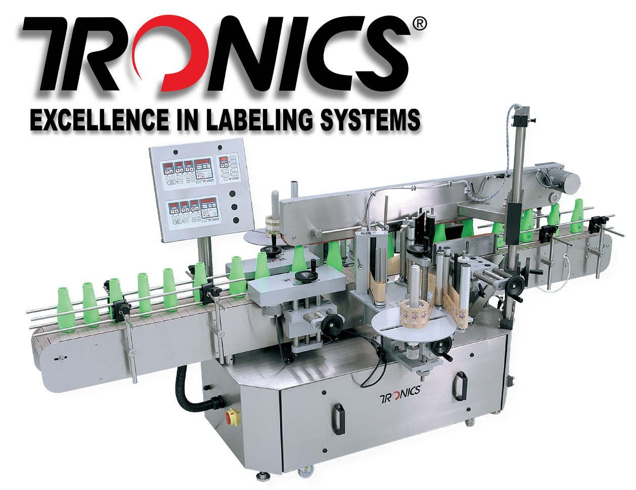 Tronics automatic labeling system with control panel and green applicators for industrial label application