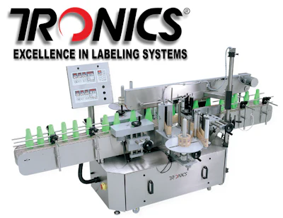 Tronics automatic labeling system with control panel and green applicators for industrial label application
