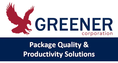 Greener Corporation logo featuring a burgundy eagle with navy blue text and tagline 'Package Quality & Productivity Solutions'