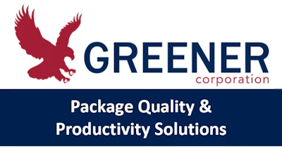 Greener Corporation logo featuring a burgundy eagle with navy blue text and tagline 'Package Quality & Productivity Solutions'