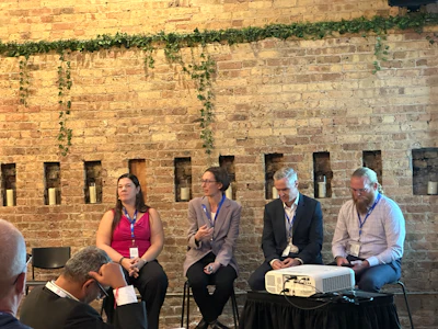 From left, Rebecca Lipscomb, VP, global regulatory affairs, INX International; (speaking) Laura Shimmin, associate director, global packaging R&D, Mars; Stefan Laske, head of R&D, consumer flexibles, Mondi; and Lowell Huffman, director of channel partnerships, rePurpose Global