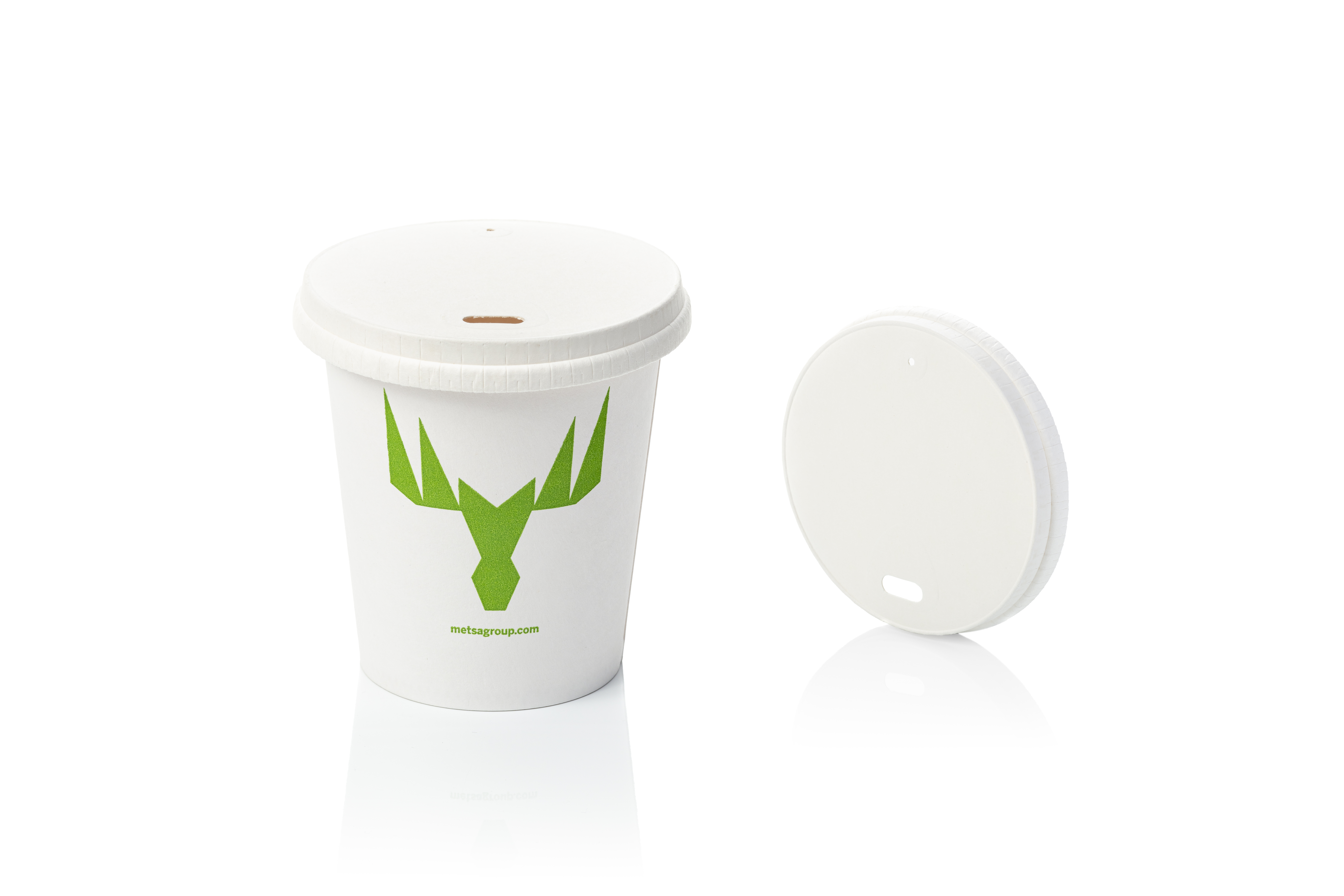 White disposable coffee cup with green antler logo and matching white lid displayed on white background