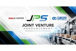 Joint venture announcement graphic featuring PMI Kyoto, JPS, and Omori North America logos with industrial warehouse background