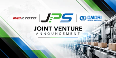 Joint venture announcement graphic featuring PMI Kyoto, JPS, and Omori North America logos with industrial warehouse background