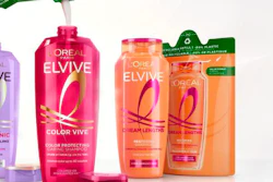 L'Oreal Elvive hair care product lineup featuring Color Vive and Dream Lengths shampoos in pink and orange bottles