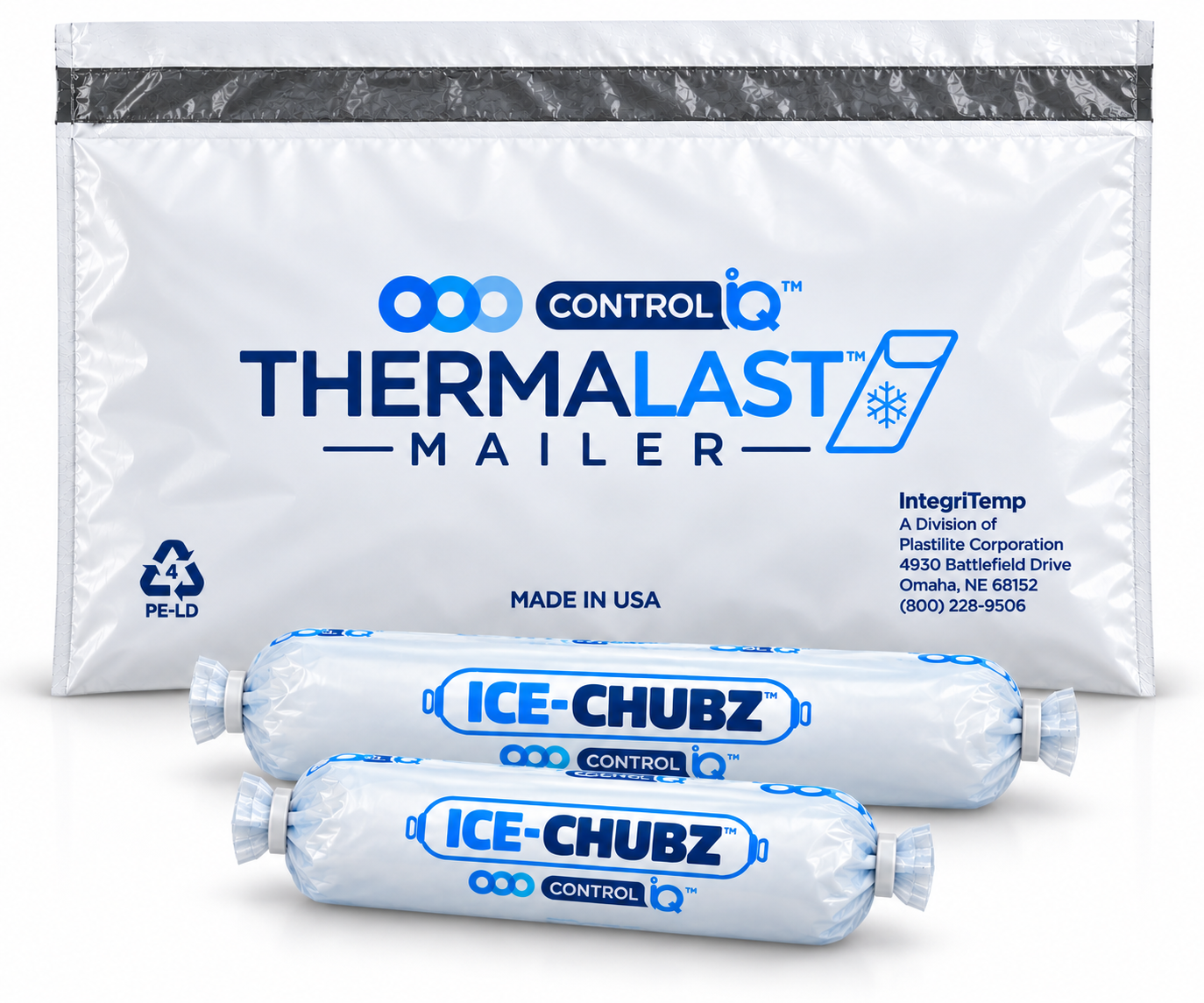 ThermaLast Mailer thermal shipping box with two Ice-Chubz cooling gel packs for temperature-controlled delivery