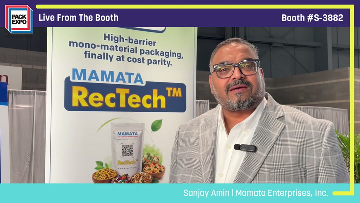 Sanjay Amin from Mamata Enterprises presenting MAMATA RecTech high-barrier mono-material packaging at Pack Expo booth S-3882