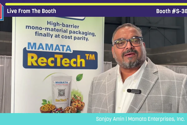 Sanjay Amin from Mamata Enterprises presenting MAMATA RecTech high-barrier mono-material packaging at Pack Expo booth S-3882