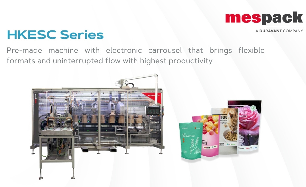 HKESC Series pre-made packaging machine with electronic carousel and sample product pouches