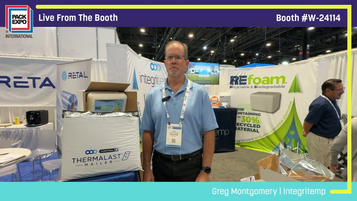 Man in blue shirt at Pack Expo booth W-24114 presenting between Retal, Integritempo, and REfoam company displays