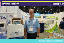 Man in blue shirt at Pack Expo booth W-24114 presenting between Retal, Integritempo, and REfoam company displays
