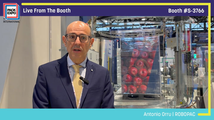 Antonio Orru from ROBOPAC presents live from booth S-3706 at PACK EXPO trade show with packaging equipment visible behind him