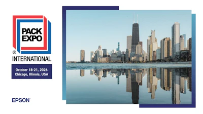 Pack Expo International logo with October 18-21, 2026 Chicago event details and city skyline reflection