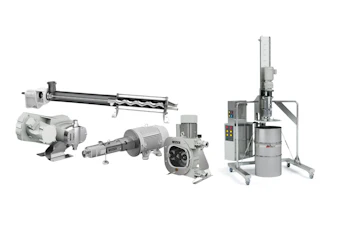 Industrial processing equipment lineup including extruders, pumps, motors, and material handling systems for manufacturing applications