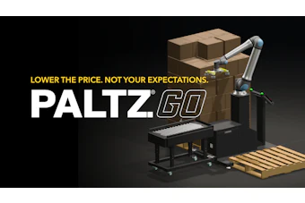 Paltz GO industrial equipment with tagline 'Lower the price. Not your expectations.' displayed with cardboard boxes and warehouse setting.