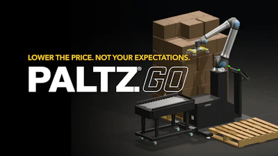 Paltz GO industrial equipment with tagline 'Lower the price. Not your expectations.' displayed with cardboard boxes and warehouse setting.