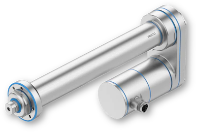 Festo pneumatic cylinders with silver aluminum bodies and blue accents in isometric view