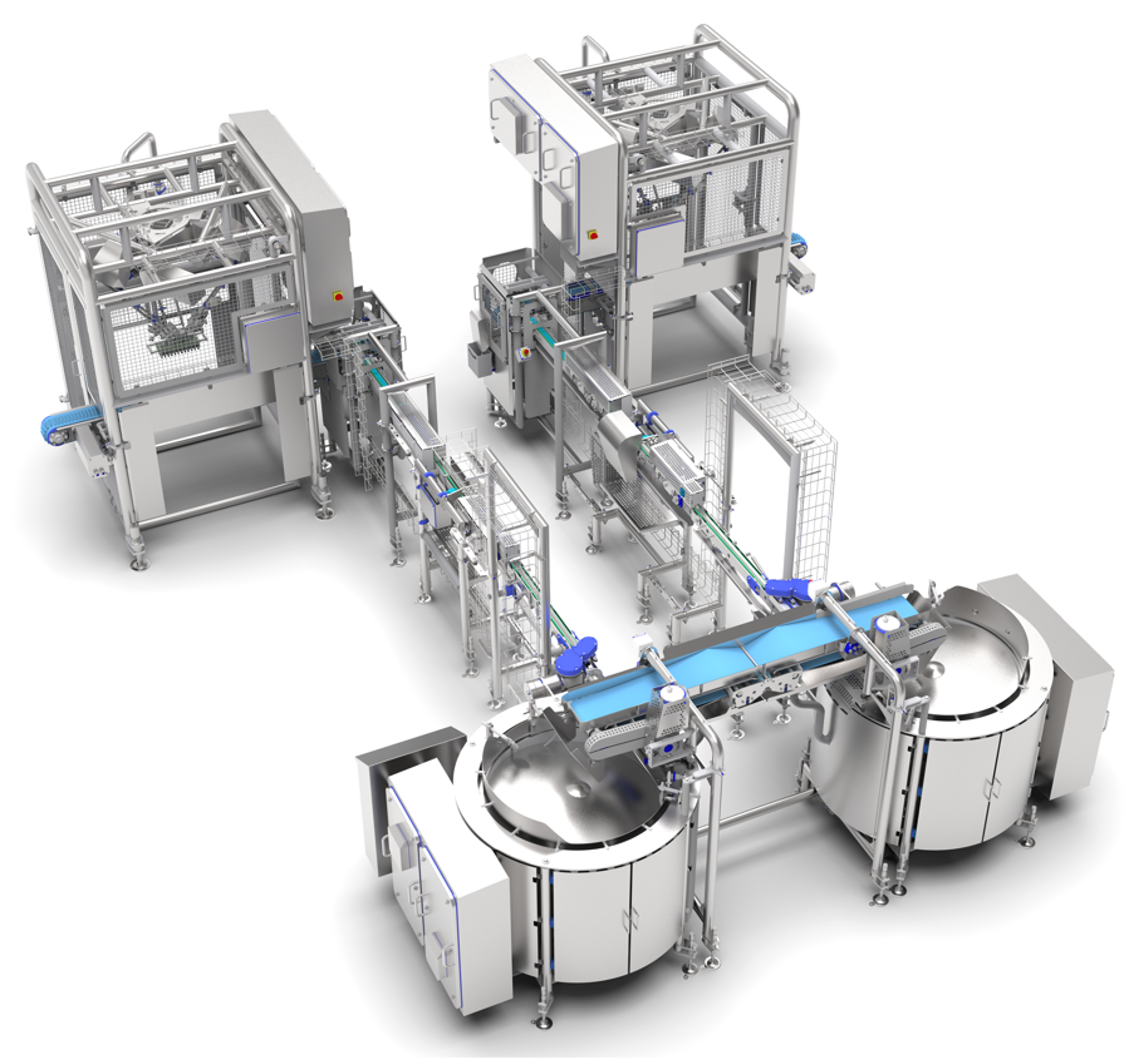 Automated industrial production line with packaging machinery, conveyor systems, and processing tanks