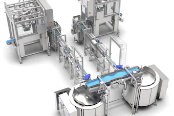 Automated industrial production line with packaging machinery, conveyor systems, and processing tanks