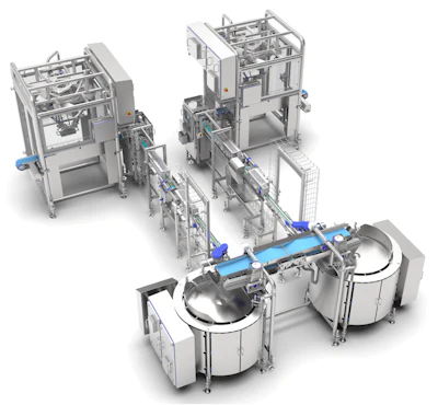 Automated industrial production line with packaging machinery, conveyor systems, and processing tanks