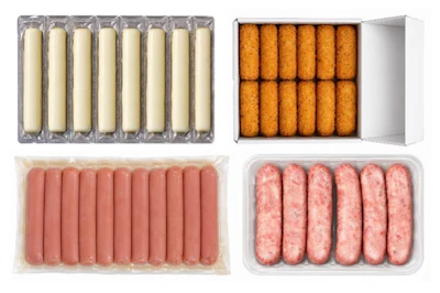 Four packaged food products: breadsticks, biscuits, hot dogs, and sausage patties in various packaging formats