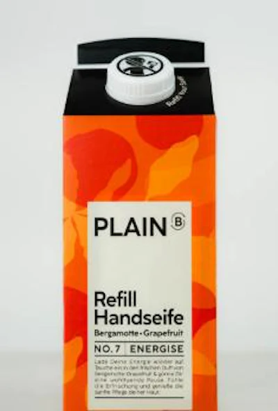 PLAIN Refill Handsafe No. 7 Energise soap carton with orange packaging and black dispenser top