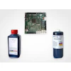 Circuit board and two dark blue ink bottles with red and white labels on white background