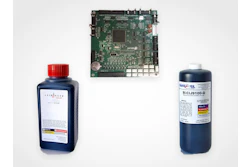 Circuit board and two dark blue ink bottles with red and white labels on white background