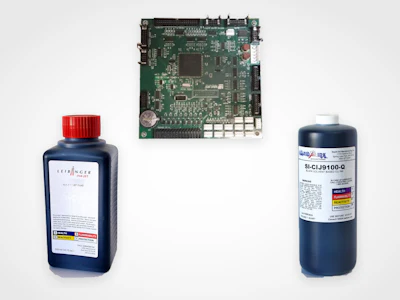 Circuit board and two dark blue ink bottles with red and white labels on white background
