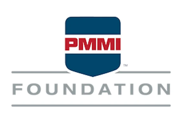 PMMI Foundation logo featuring a teal shield with red text and gray horizontal lines