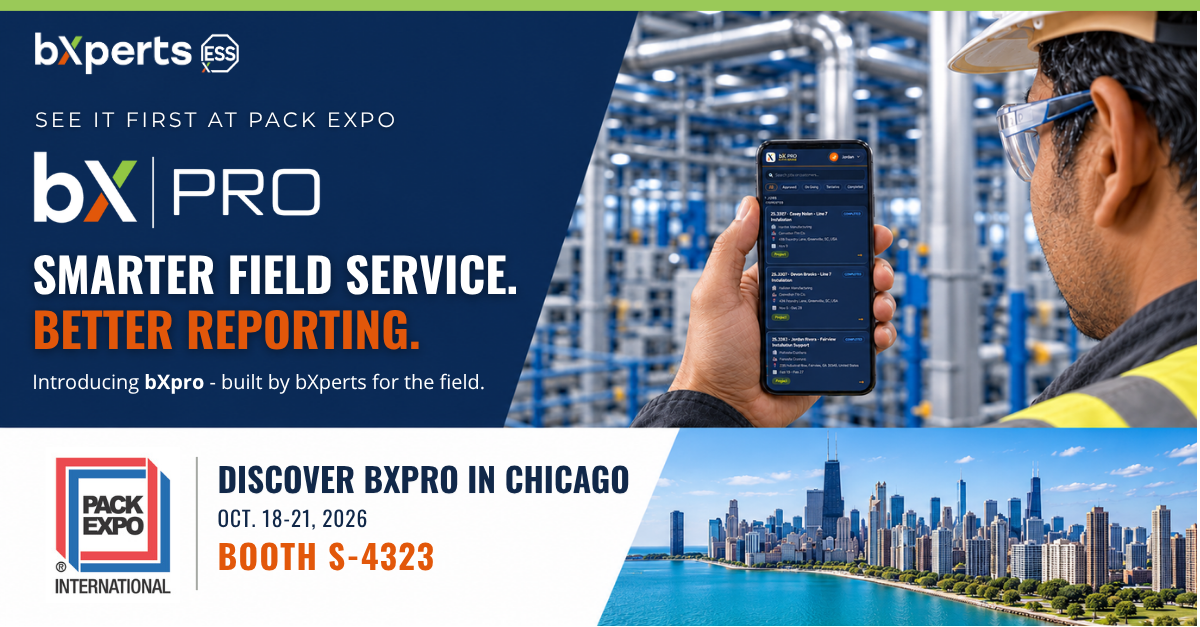 bXpro field service app promotional banner featuring industrial worker using smartphone at PACK EXPO Chicago booth S-4323, October 18-21, 2026