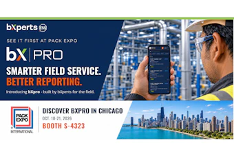 bXpro field service app promotional banner featuring industrial worker using smartphone at PACK EXPO Chicago booth S-4323, October 18-21, 2026