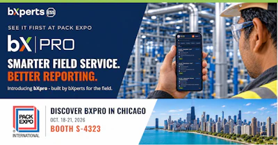 bXpro field service app promotional banner featuring industrial worker using smartphone at PACK EXPO Chicago booth S-4323, October 18-21, 2026