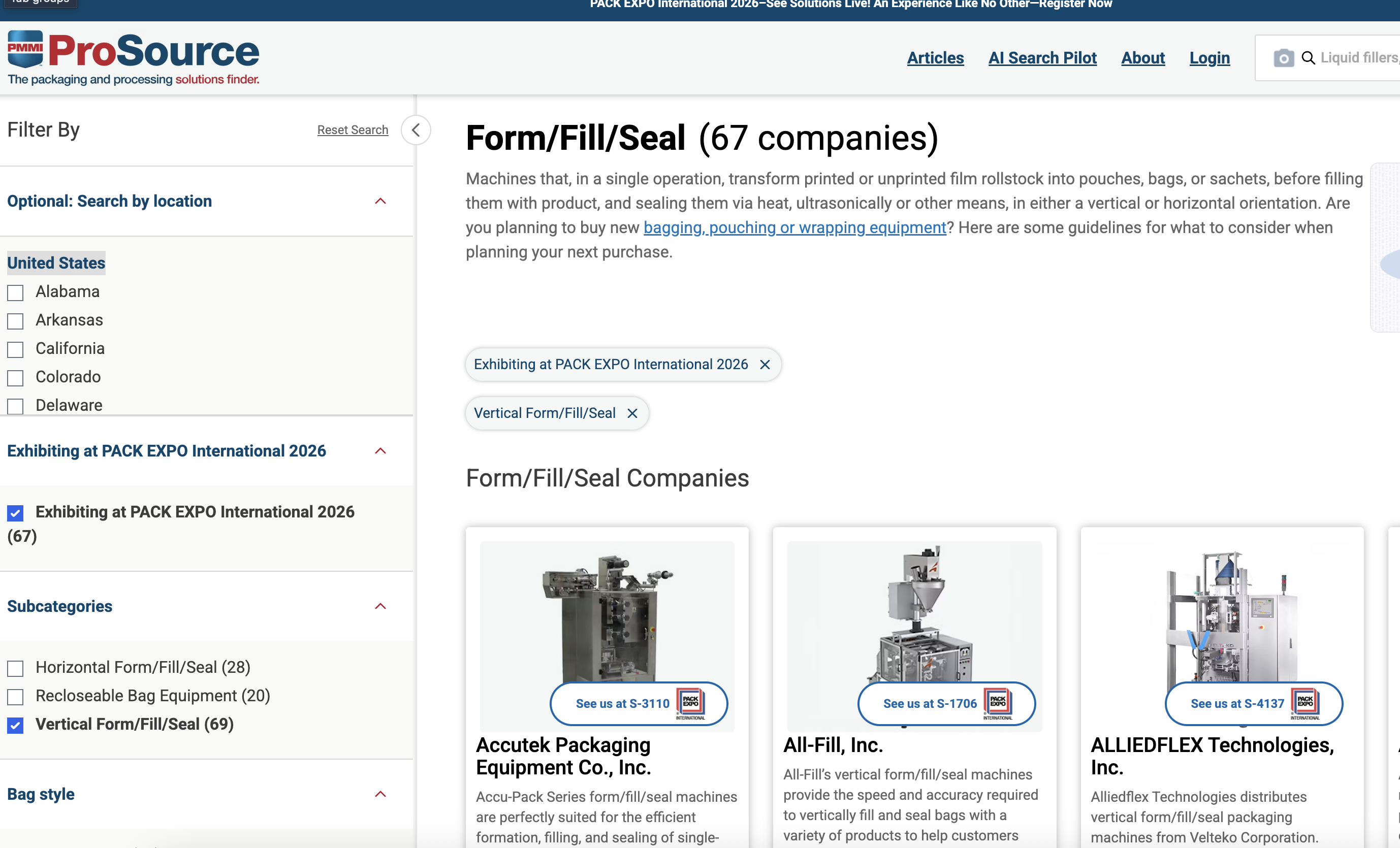 ProSource packaging equipment supplier directory showing form/fill/seal machines from companies like Accutek, All-Fill, and ALLIEDFLEX Technologies