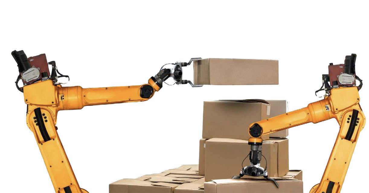 Two yellow industrial robotic arms handling cardboard boxes in an automated warehouse setting