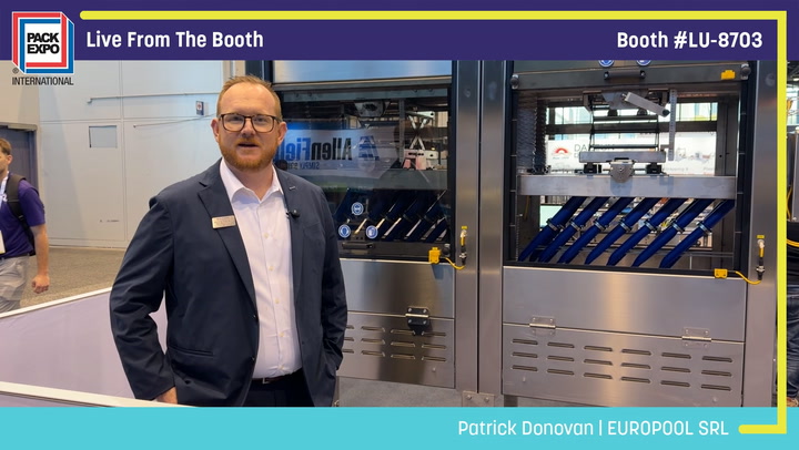 Patrick Donovan from EUROPOOL SRL stands at Pack Expo booth LU-8703 next to industrial packaging machinery