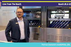 Patrick Donovan from EUROPOOL SRL stands at Pack Expo booth LU-8703 next to industrial packaging machinery