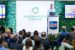 Professional presenting at Sustainability Central conference with PMMI podium and green plant backdrop