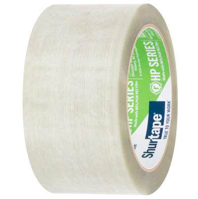 Clear packing tape roll with Shurtape HP Series green and white label