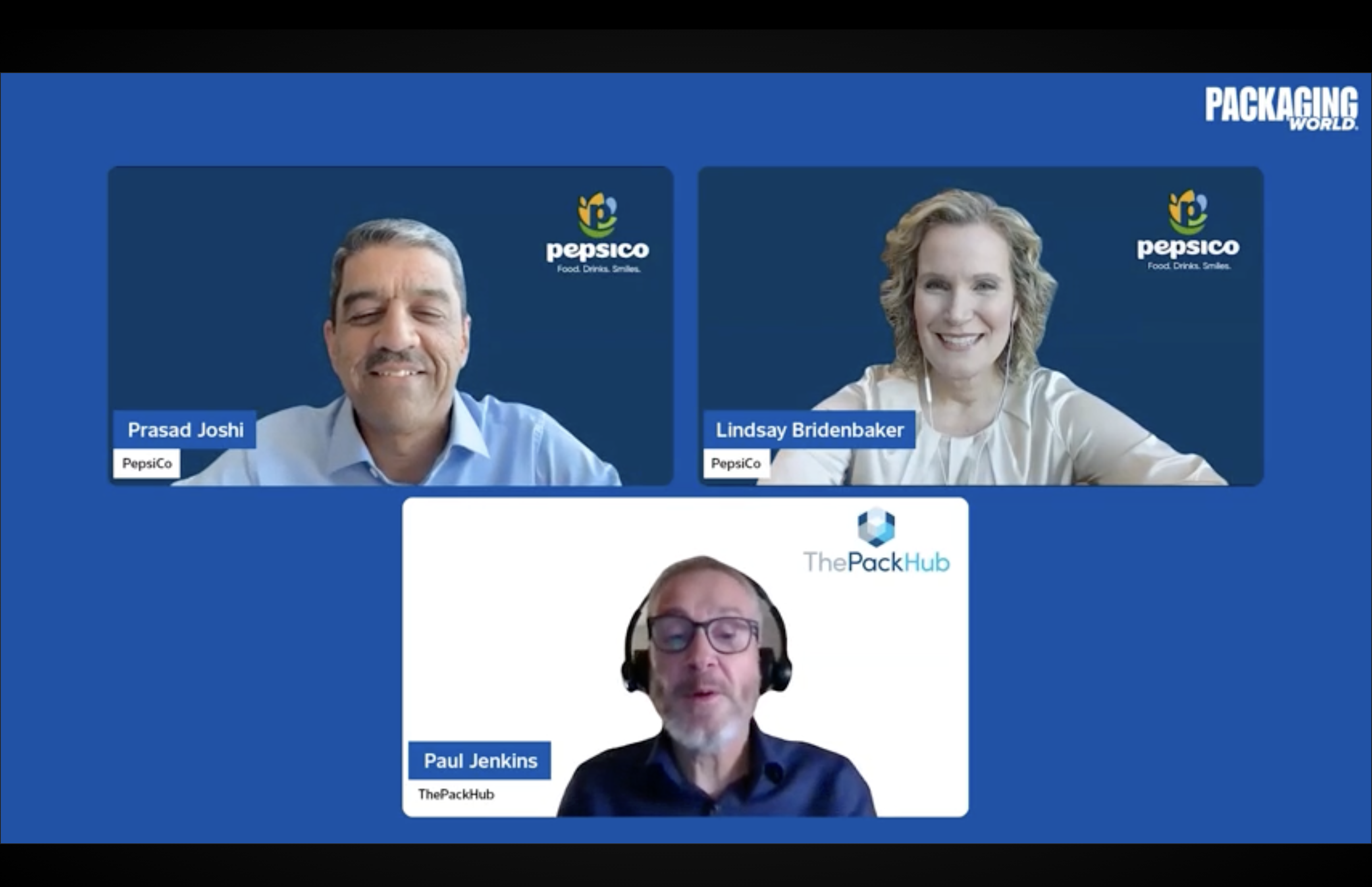 Three professionals in a video conference: Prasad Joshi and Lindsay Birdenbaker from PepsiCo, and Paul Jenkins from ThePackHub