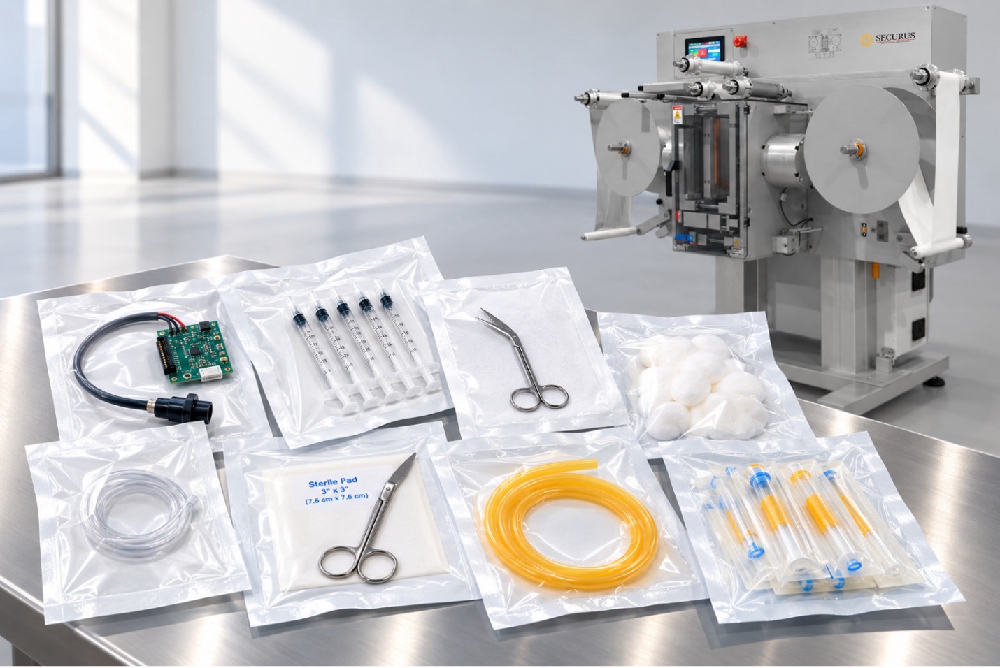 Sterile medical supplies and surgical instruments including tubing, scissors, circuit board, and packaging displayed with laboratory equipment in background