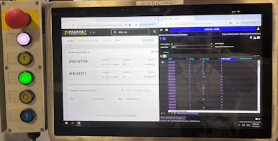 The EM7-35's operator screen shows Packsize's PackNet software (left), listing orders in production, beside Latitude's Review Pick Cartons By Status screen (right).