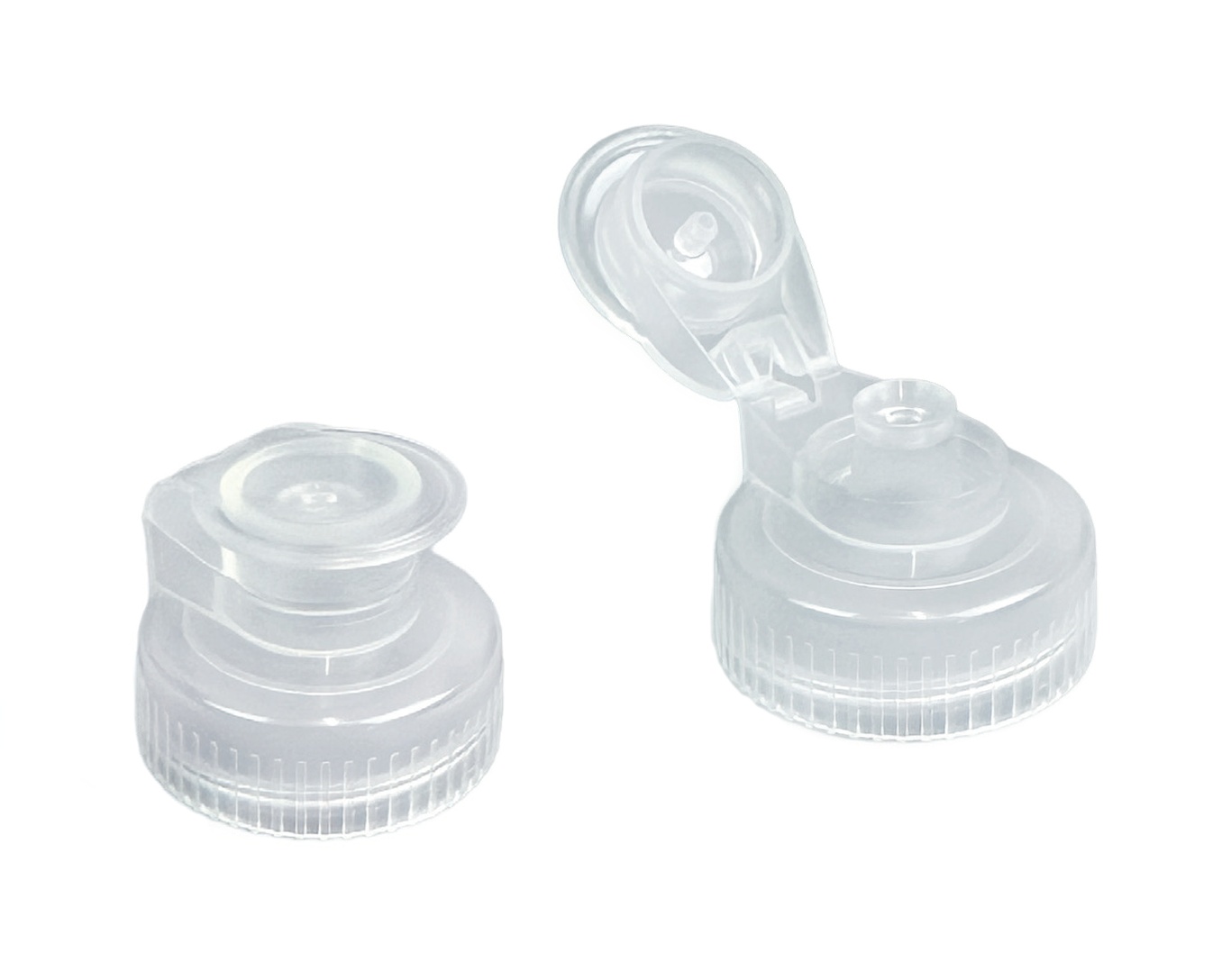 Two clear plastic flip-top dispensing caps with ribbed bases and hinged lids