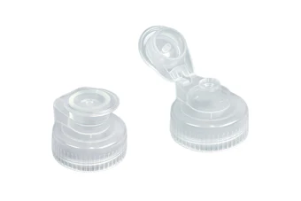 Two clear plastic flip-top dispensing caps with ribbed bases and hinged lids