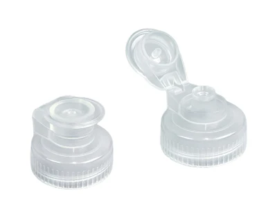 Two clear plastic flip-top dispensing caps with ribbed bases and hinged lids
