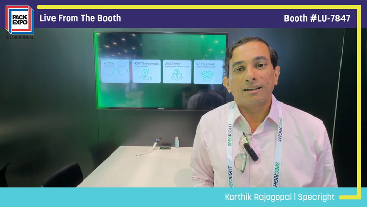 Karthik Rajagopol from Specright presenting live at Pack Expo booth LU-7847 with display screen