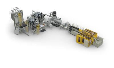 In this rendering of the FtoP line planned for Thailand, washed PET flake enters at left and finished preforms exit the yellow Husky injection molding system at right. NGR’s decontamination equipment sits at the center, positioned after the melt rather than before it as the Japanese line is configured.